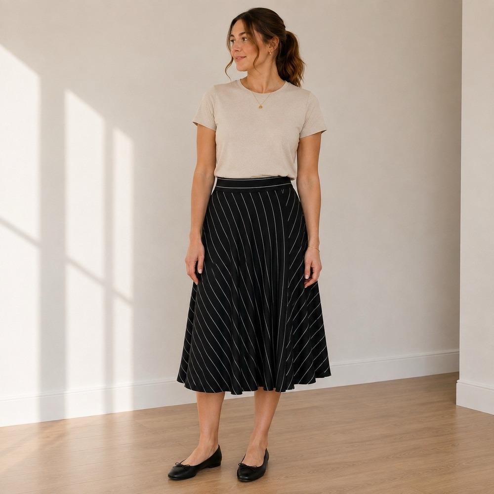 Chicos Travelers Midi Full Skirt XL Black White Striped Pull On Stretch Comfort